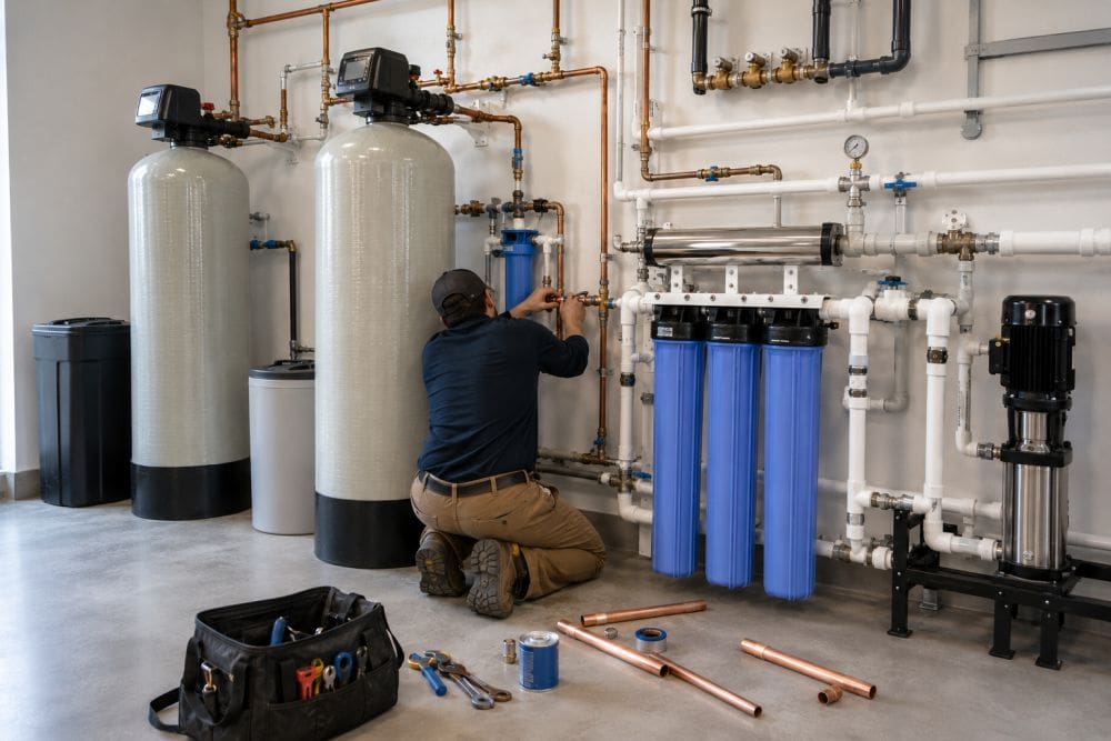 Plumbing by Jake provides commercial water treatment and water softener installation services in Fort Mohave, Arizona, helping homeowners and businesses improve water quality and reduce hard-water buildup. This image shows a professional plumbing technician installing a large water treatment system with filtration tanks, reverse osmosis components, copper plumbing lines, shutoff valves, and pressure controls inside a clean utility room.