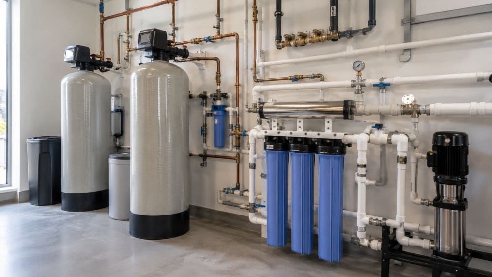 This image shows a commercial water treatment and water softener installation system inside a utility room in Fort Mohave, Arizona with large filtration tanks, reverse osmosis canisters, and connected plumbing lines. Plumbing by Jake provides commercial water treatment and water softener installation services in Fort Mohave AZ for businesses, offices, rental properties, and residential homes dealing with hard water and water quality issues. The image highlights professional plumbing equipment, visible filtration components, water purification systems, and organized plumbing connections designed to improve water quality and reduce mineral buildup.