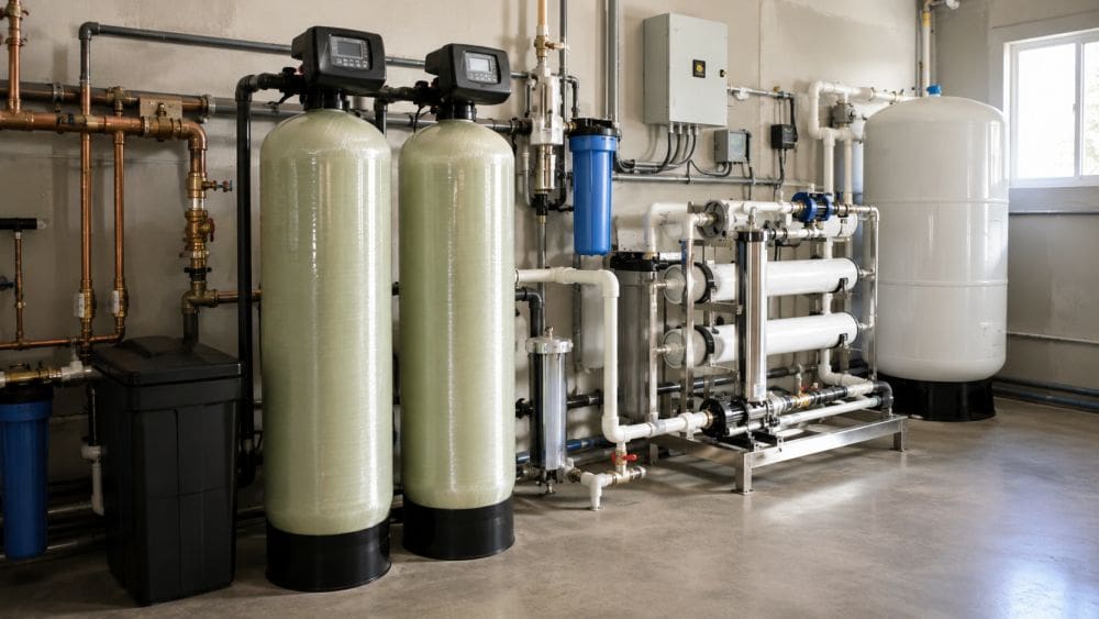 Plumbing by Jake provides commercial water treatment and water softener installation services in Golden Valley, Arizona for homes, businesses, and commercial properties affected by hard-water buildup and water quality problems. This image shows a professionally installed commercial water filtration and water softener system with fiberglass mineral tanks, reverse osmosis filtration equipment, PVC plumbing lines, copper piping, pressure tanks, and advanced water treatment components inside a clean utility room. The organized plumbing layout reflects professional installation standards used to improve water quality, reduce mineral scale, and help protect plumbing fixtures and appliances across Arizona properties.
