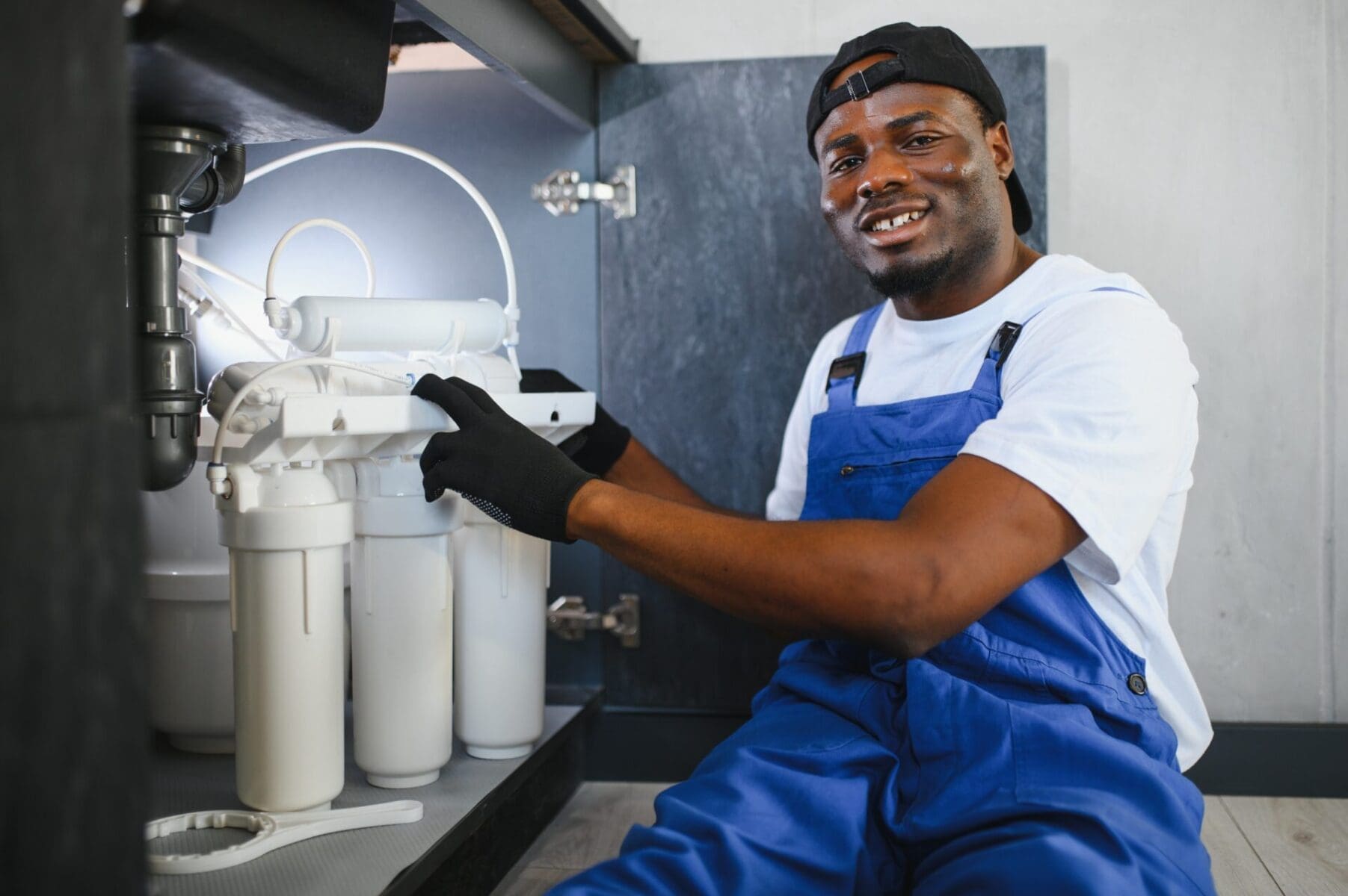 A plumbing technician installs a commercial water treatment and softener system beneath a sink in Lake Havasu City, Arizona while working on a reverse osmosis filtration unit. The image shows professional water purification equipment, connected filtration canisters, tubing, and plumbing hardware designed to improve water quality and reduce hard water mineral buildup in residential and commercial plumbing systems. Plumbing by Jake provides commercial water treatment and softener installation services in Lake Havasu City AZ including reverse osmosis systems, water filtration upgrades, and hard water treatment solutions for Arizona homes and businesses.