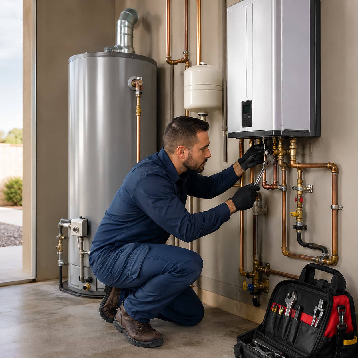 Plumber repairing tank and tankless water heater units in Fort Mohave AZ, working on copper pipe connections and system components.