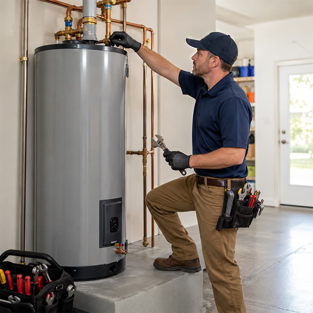 Close-up of a plumber’s hands servicing a water heater in Fort Mohave AZ, adjusting the gas control valve and connections with a screwdriver.