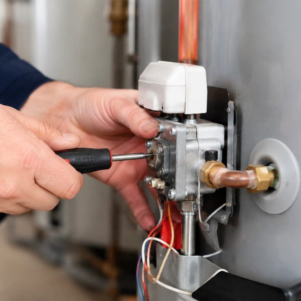 Close-up of a plumber’s hands working on a water heater in Fort Mohave AZ, adjusting the control valve and fittings with a screwdriver.
