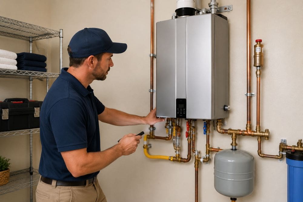A licensed plumbing technician from Plumbing by Jake performs a final inspection during a tankless water heater installation in Fort Mohave, Arizona. The image shows a wall-mounted tankless water heater with professionally installed copper piping, gas connections, shut-off valves, venting components, and water supply lines arranged in a clean residential utility room. Plumbing by Jake serves homeowners throughout Fort Mohave and Mohave County with same-day plumbing services, water heater installation, water heater replacement, and emergency plumbing solutions.