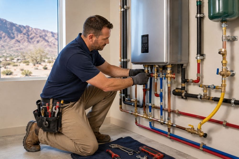 A licensed plumbing technician performs a tankless water heater installation in Golden Valley, Arizona while adjusting plumbing connections on a newly installed wall-mounted system. The image shows copper water lines, PEX piping, gas connections, shut-off valves, an expansion tank, and professional plumbing components arranged inside a residential utility room. Plumbing by Jake provides tankless water heater installation services in Golden Valley, AZ for homeowners seeking reliable hot water, improved energy efficiency, and long-lasting system performance.