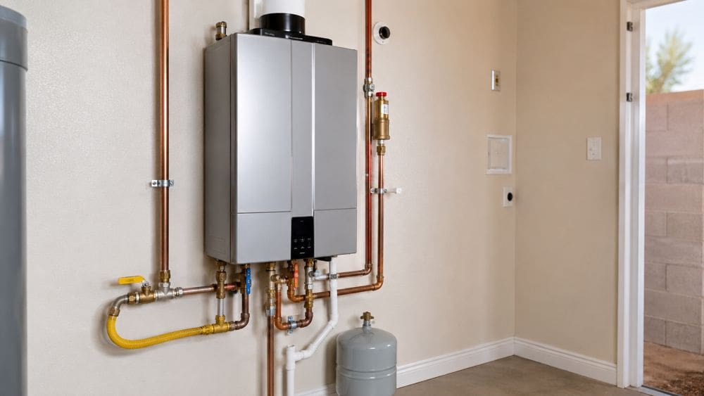 Tankless Water Heater Installation in Kingman, AZ by Plumbing by Jake. The image shows a professionally installed wall-mounted tankless water heater with copper water lines, gas piping, shut-off valves, and organized plumbing connections inside a utility room. This energy-efficient hot water system provides reliable on-demand hot water for homes and businesses while helping reduce energy consumption. Plumbing by Jake provides tankless water heater installation, replacement, repair, and maintenance services throughout Kingman, Arizona. Call (928) 615-8228 for professional tankless water heater services in Kingman, AZ.