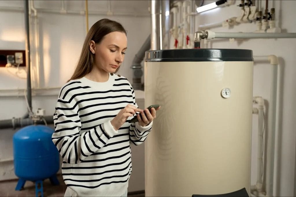A homeowner reviews a newly installed tankless water heater system inside a residential utility room in Lake Havasu City, Arizona. The image shows a clean and organized plumbing setup with visible water supply lines, shut-off valves, pressure components, and modern water heating equipment. Plumbing by Jake provides tankless water heater installation in Lake Havasu City, AZ, helping homeowners improve hot water performance and energy savings.