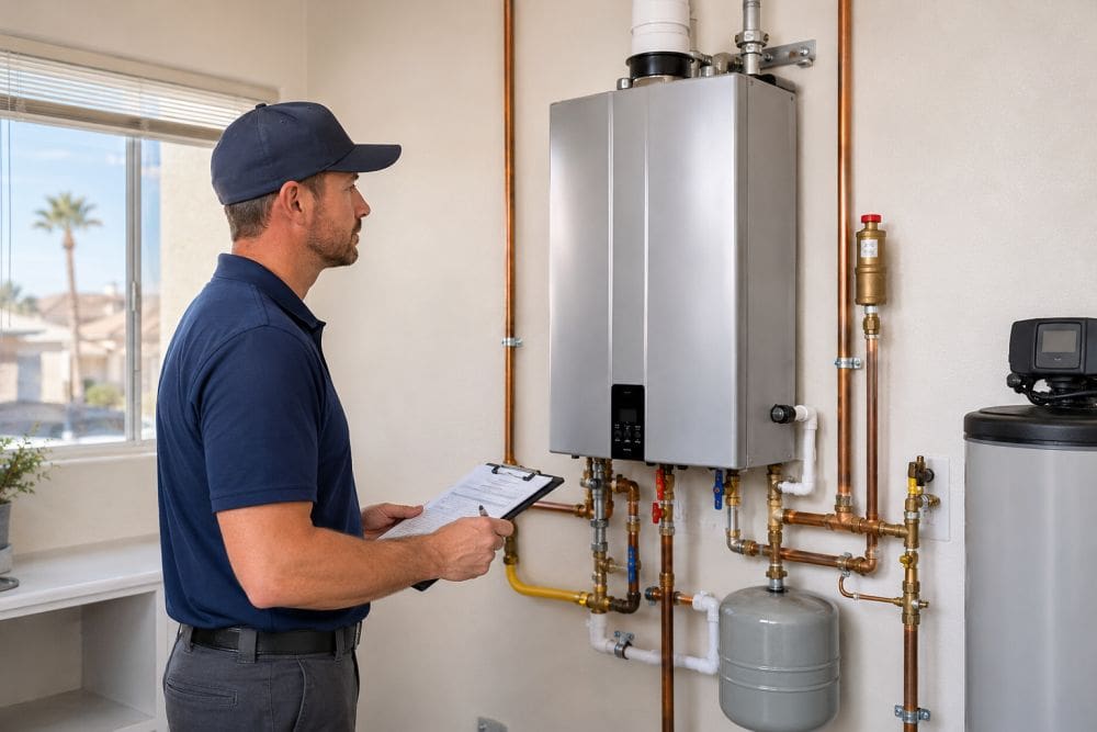 A professional plumber performs an inspection during a Tankless Water Heater Installation in Lake Havasu City, AZ. The technician is reviewing installation details while examining a residential water heating system inside a clean utility room. Visible plumbing components, water supply connections, and heating equipment demonstrate the type of workmanship associated with professional installation and maintenance services. Plumbing by Jake provides tankless water heater installation, replacement, repair, and system inspections throughout Lake Havasu City, Arizona. Homeowners can call (928) 615-8228 for dependable hot water solutions and plumbing services.