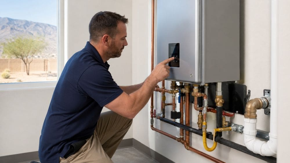 A licensed plumbing technician performs a tankless water heater installation inspection in Mohave Valley, Arizona while adjusting digital controls on a newly installed wall-mounted system. The image shows a modern tankless water heater with visible copper water lines, gas connections, shut-off valves, pressure components, and professionally organized plumbing infrastructure. Plumbing by Jake provides tankless water heater installation services in Mohave Valley, AZ for homeowners who want reliable hot water, lower energy use, and dependable system performance.