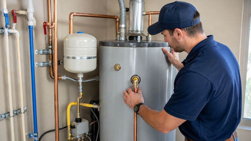 A licensed plumbing technician performs Water Heater Installation & Replacement in Fort Mohave AZ while inspecting a newly installed residential water heater. The image features copper plumbing lines, shut-off valves, an expansion tank, pressure relief components, and professional plumbing connections designed for reliable hot water performance. Plumbing by Jake provides water heater installation, replacement, and upgrade services for homeowners throughout Fort Mohave, Arizona. Call Plumbing by Jake at (928) 615-8228 for expert water heater installation, replacement, and residential plumbing services.