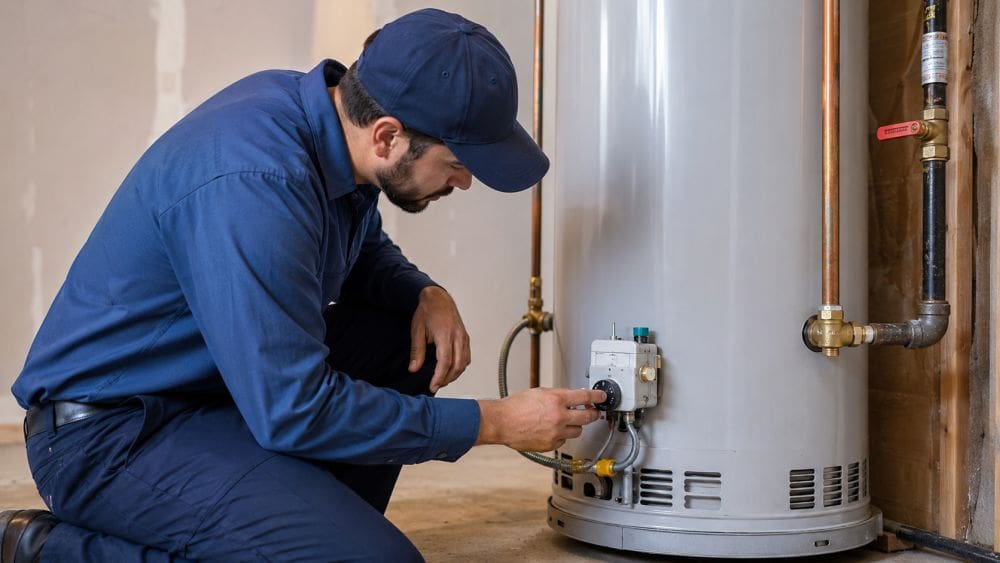 A plumbing technician works on a residential water heater during Water Heater Installation & Replacement in Fort Mohave AZ. The image shows the technician in a blue uniform and cap adjusting the lower thermostat control on a tank-style water heater while kneeling beside the unit. Visible details include the round control dial, gas line connection, shut-off valve, lower vent openings, and the smooth white tank surface in a utility room setting.