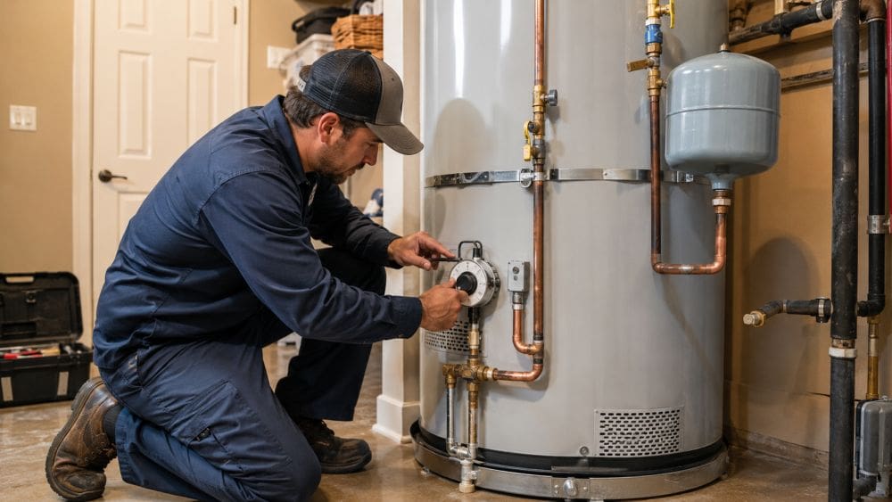 A licensed plumbing technician performs Water Heater Repair in Mohave Valley, AZ while kneeling beside a tall tank-style residential water heater. The image shows the technician adjusting the temperature control and checking copper pipes, water supply lines, shut-off valves, brass fittings, pressure relief parts, and an expansion tank inside a clean utility room. Plumbing by Jake provides water heater repair services for homeowners in Mohave Valley, Arizona who have no hot water, slow heating, leaking water heater parts, or uneven water temperature.