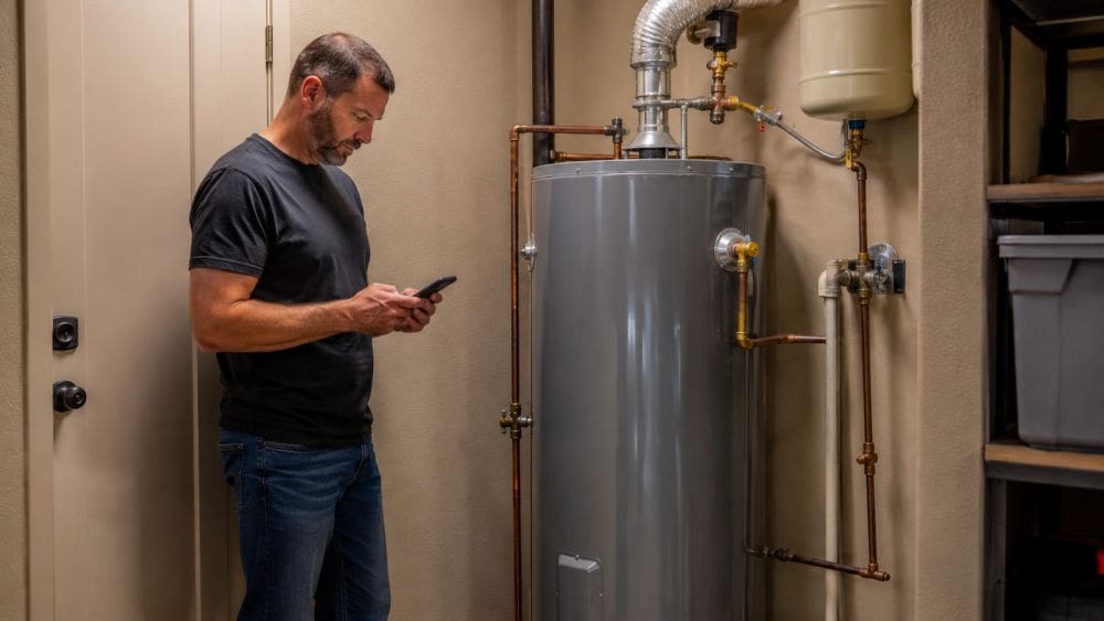 A homeowner checks a mobile phone while standing beside a residential water heater during Water Heater Services in Mohave Valley, AZ. The image features a tank-style water heater with copper plumbing lines, shut-off valves, venting components, an expansion tank, and professional plumbing infrastructure. Plumbing by Jake provides water heater installation, repair, maintenance, and replacement services for homeowners throughout Mohave Valley, Arizona. Contact Plumbing by Jake at (928) 615-8228 for reliable water heater services and dependable hot water solutions.