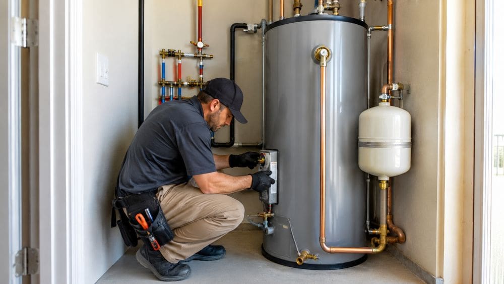 A licensed plumbing technician performs Water Heater Services in Mohave Valley, AZ while inspecting a residential tank-style water heater inside a utility room. The image shows copper water lines, shut-off valves, an expansion tank, pressure relief components, and professional plumbing connections designed for reliable hot water performance. Plumbing by Jake provides water heater installation, repair, maintenance, and replacement services for homeowners throughout Mohave Valley, Arizona.